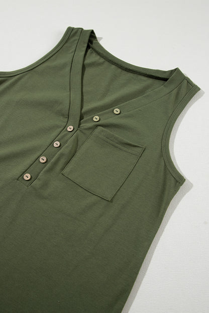 Jungle green v-neck tank top with button detail and patched pocket