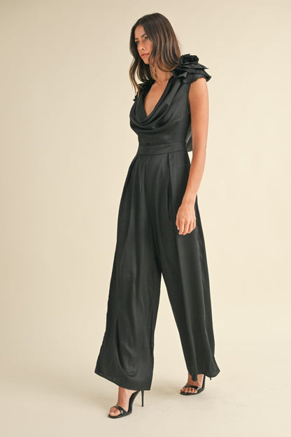 Satin elegance: 3D floral applique deep cowl neck jumpsuit