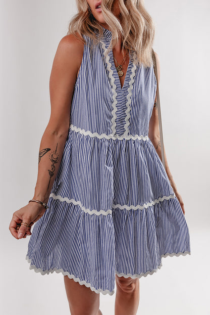 Blue Striped Sleeveless Mini Dress with Notched V Neck and Contrast Trim