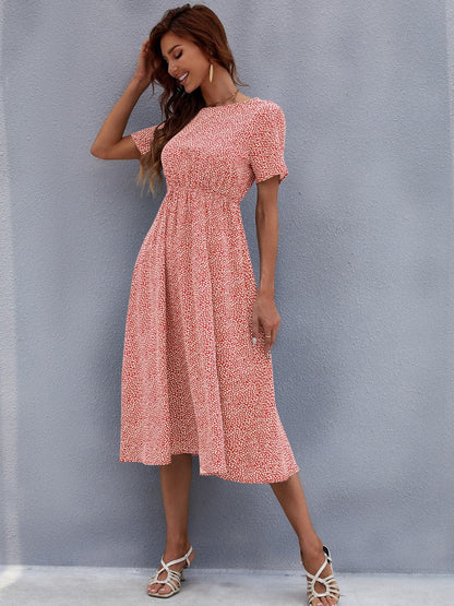 Printed Round Neck Short Sleeve Midi Dress.