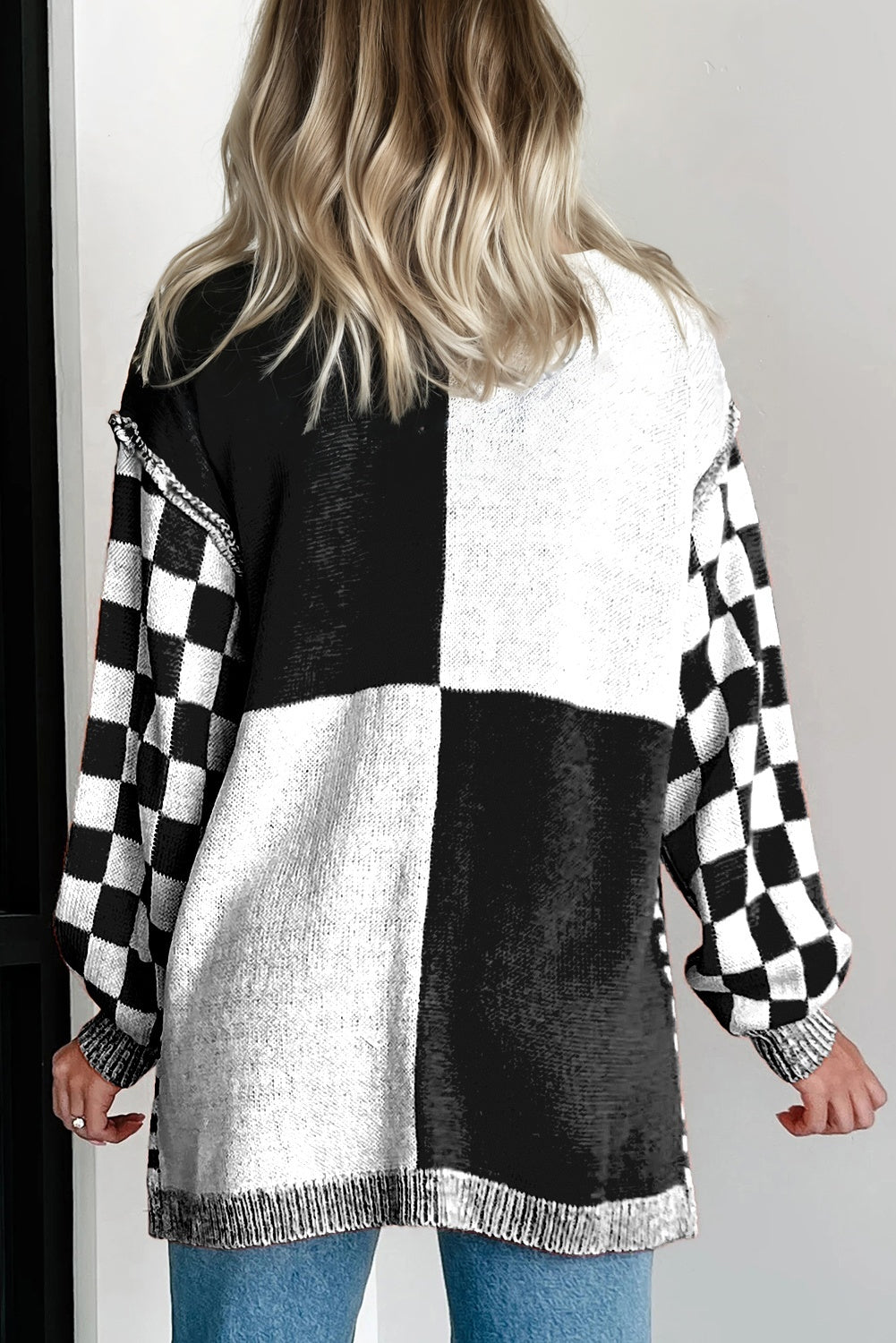 Black Plus Size Checkered Bubble Sleeve Open Front Cardigan Dear-Lover Dropshipping