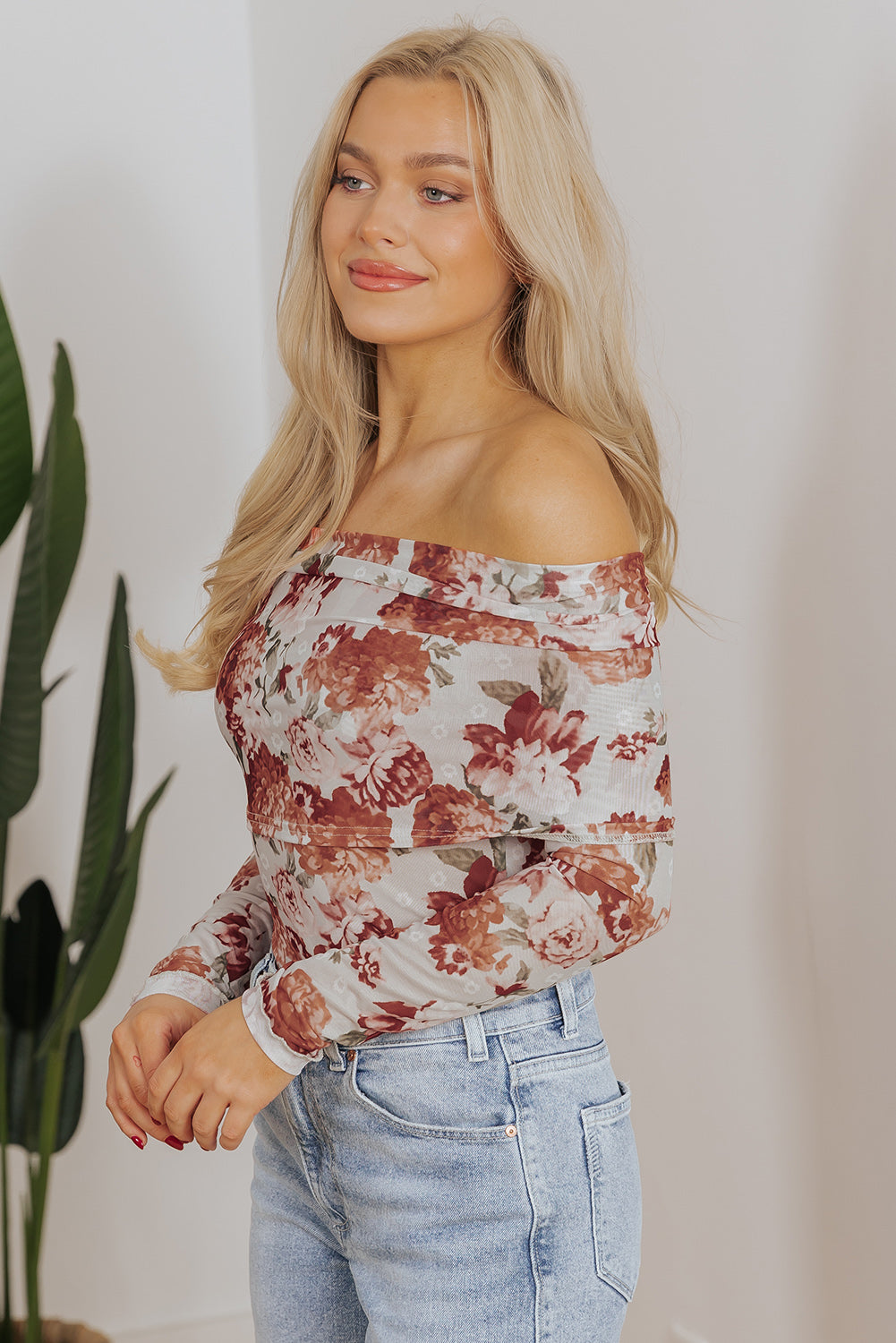 Pink Floral Printed Long Sleeve Sheath Bodysuit for Women