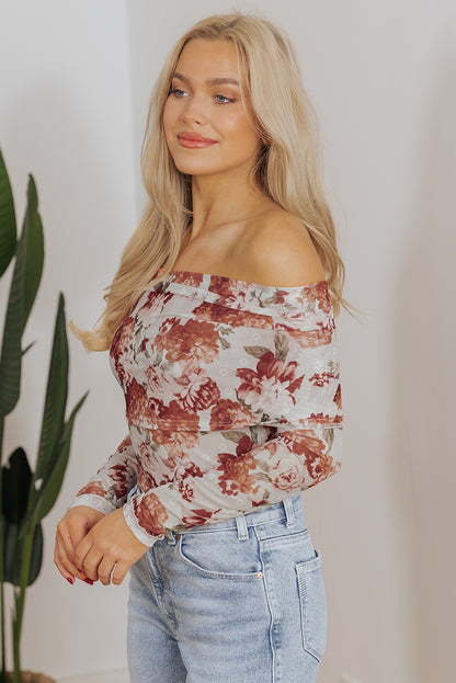 Pink Floral Printed Long Sleeve Sheath Bodysuit for Women