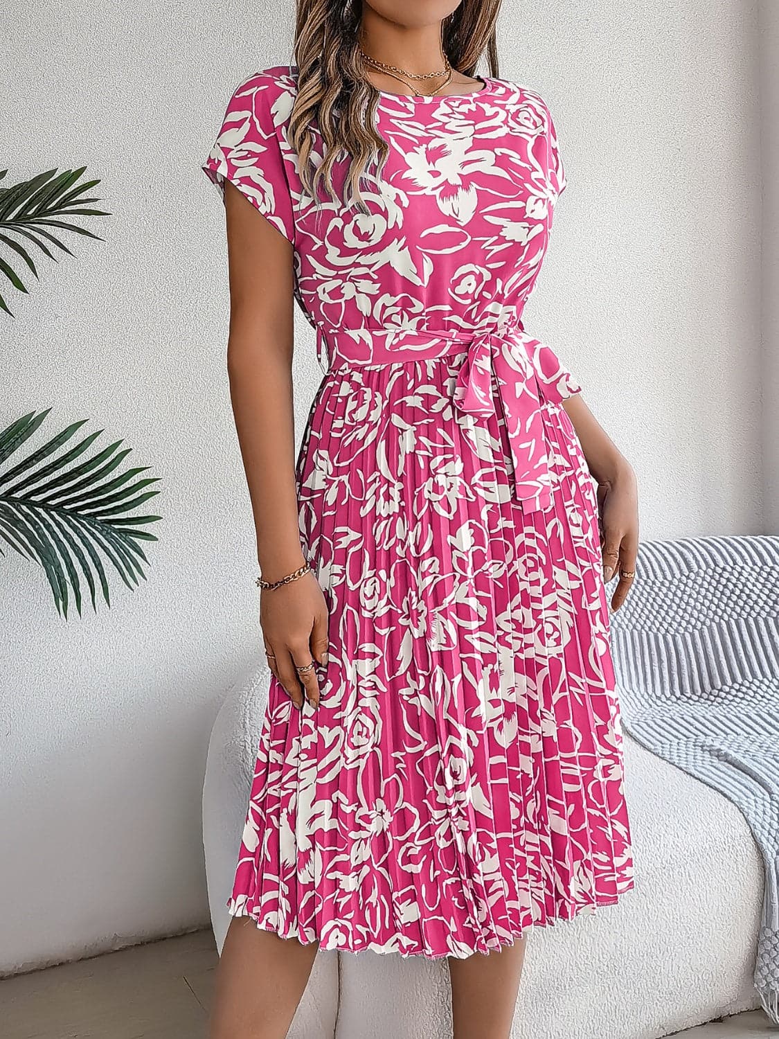 Tied Pleated Printed Short Sleeve Dress.