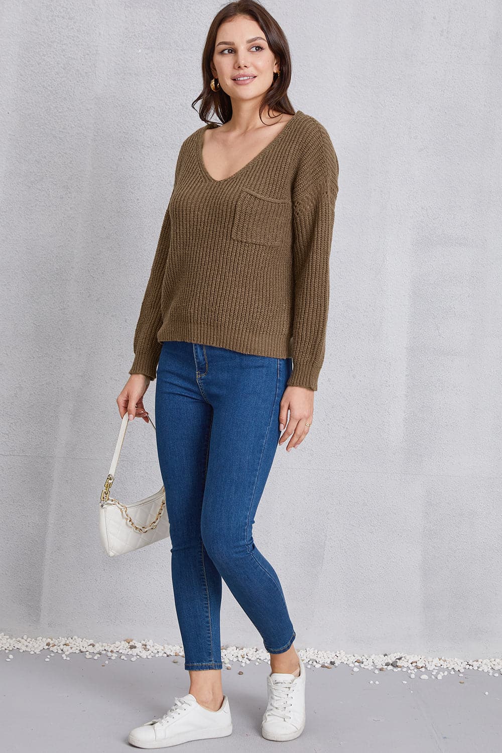 V-Neck Pocketed Dropped Shoulder Knit Top.