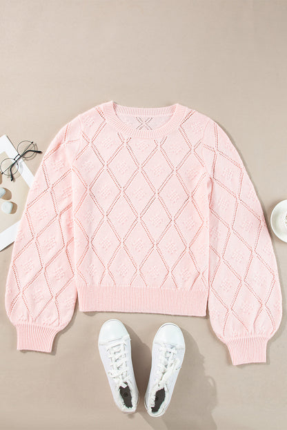 Gossamer Pink Plaid Puff Sleeve Cropped Sweater with Openwork Detail