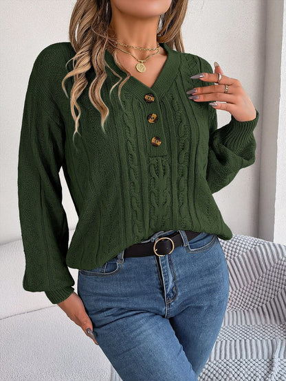 Chic cable-knit v-neck sweater with buttoned details