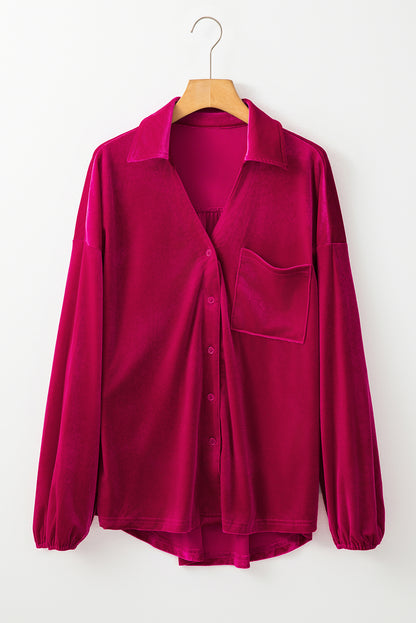 Chic pitaya pink velvet shirt with button details and V-neckline