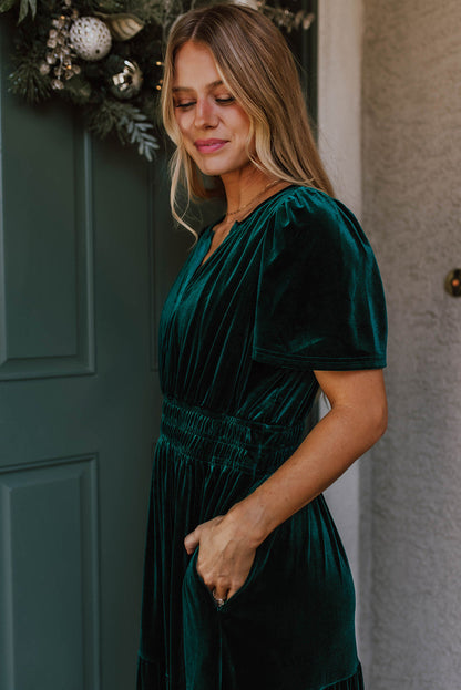 Evergreen velvet tiered maxi dress