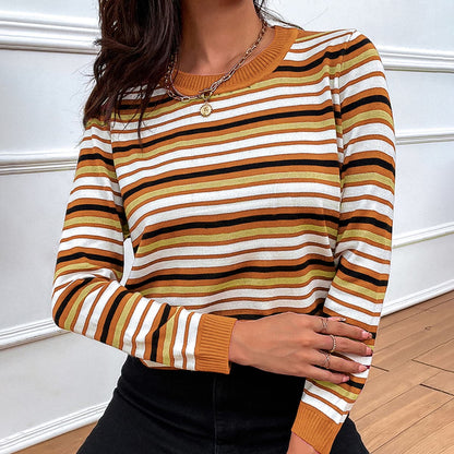 Striped Round Neck Long Sleeve Sweater.