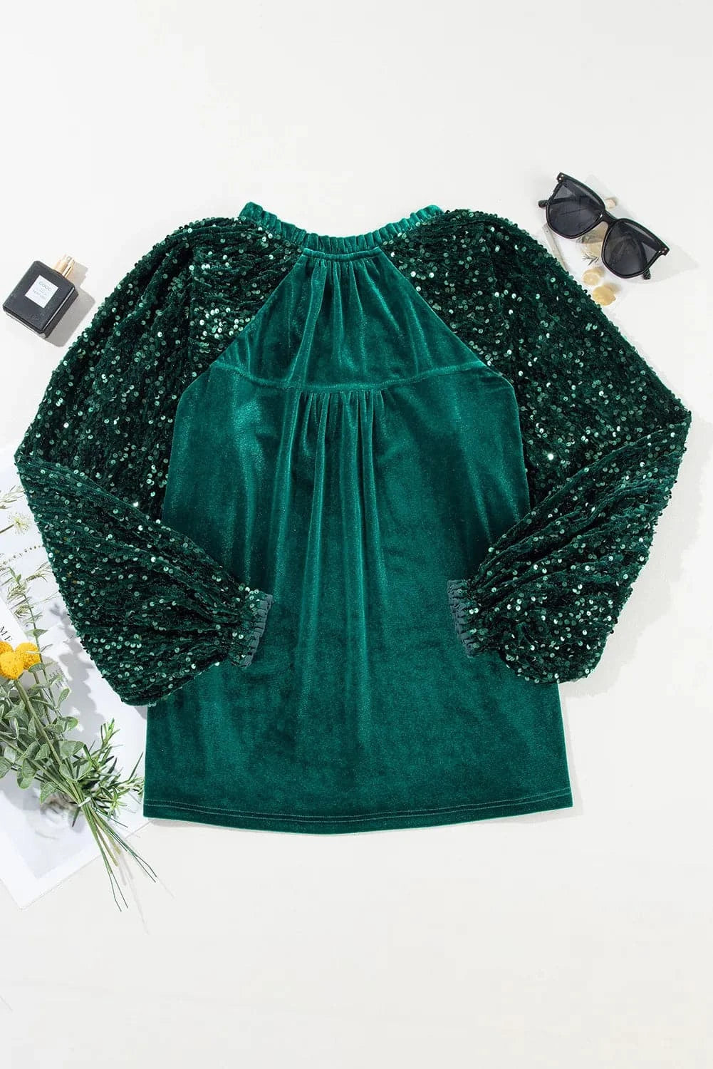 Shimmering Notched Long Sleeve Top