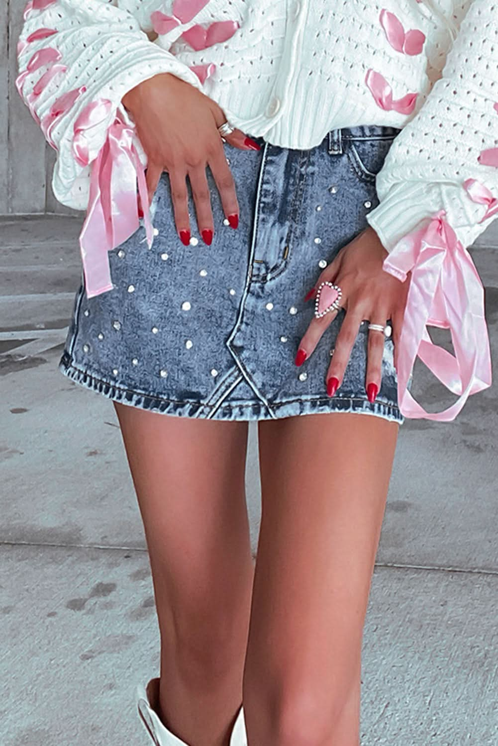 Dusk Blue Distressed Denim Mini Skirt with Rhinestone Accents