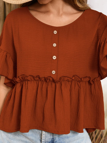 Frill Decorative Button Round Neck Half Sleeve Blouse.