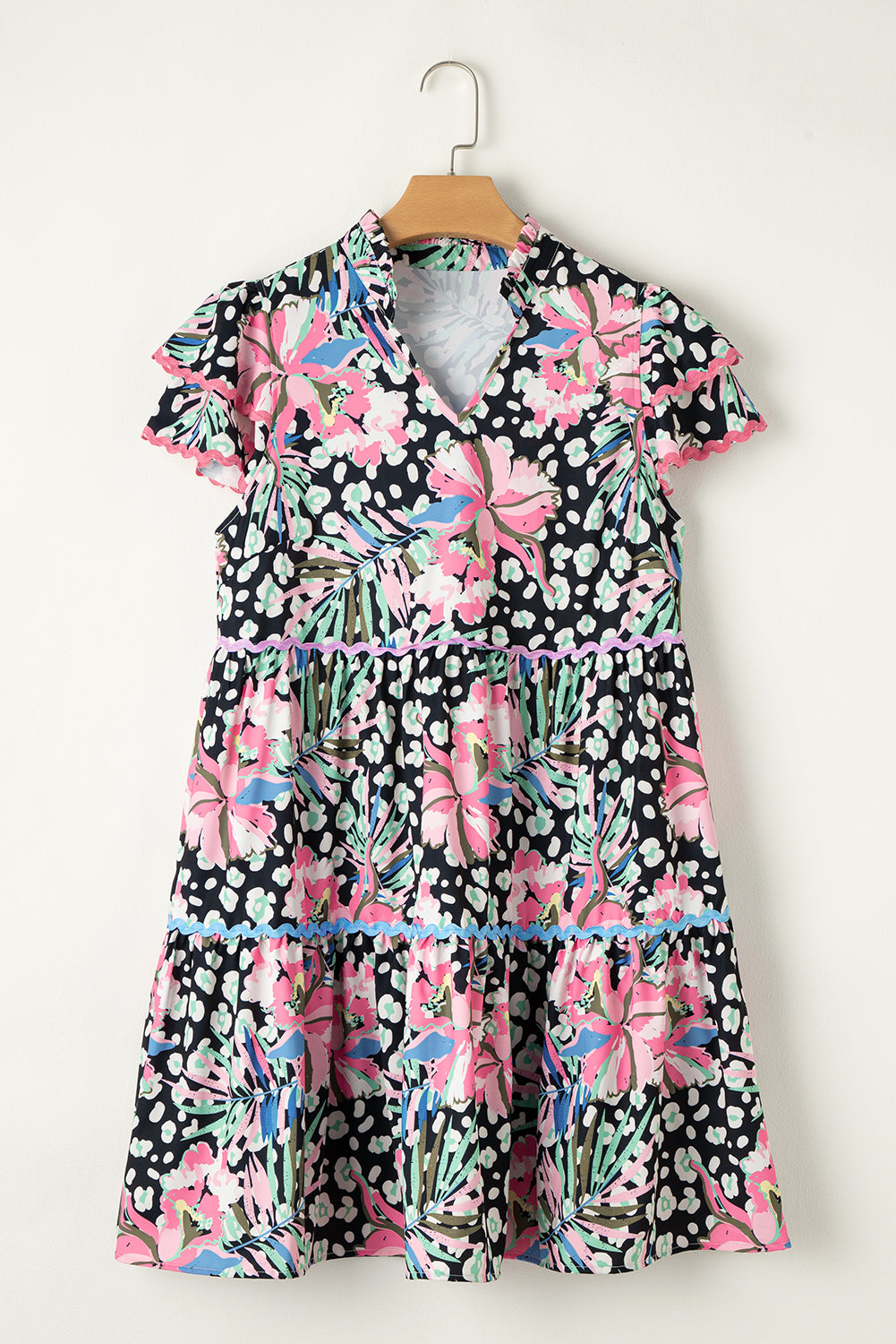 Flirty pink floral tiered mini dress with ricrac accents