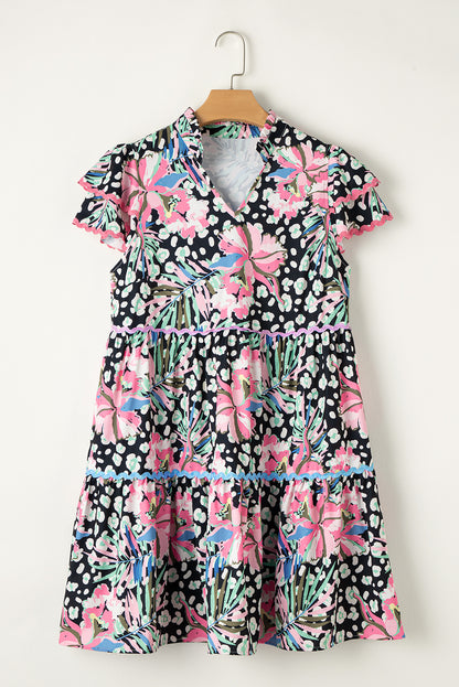 Flirty pink floral tiered mini dress with ricrac accents