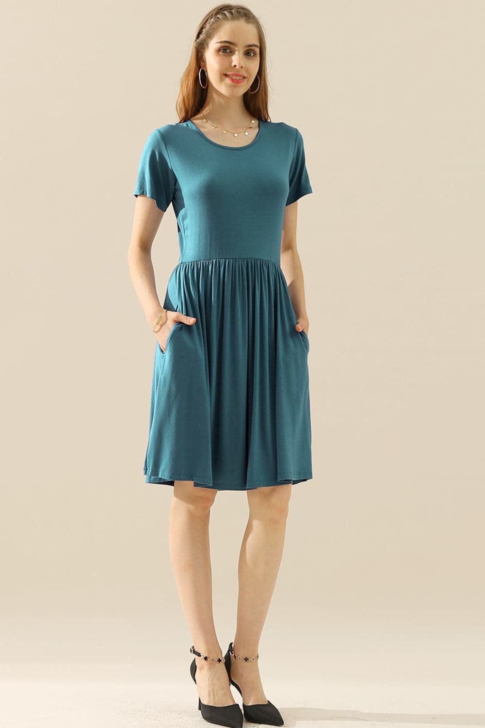 Ninexis Full Size Round Neck Ruched Dress with Pockets.