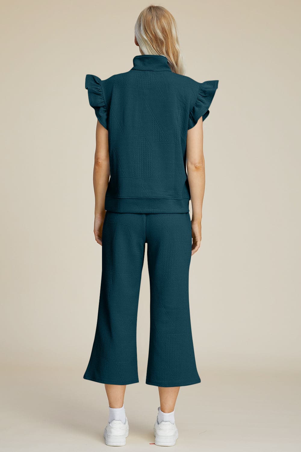 Double Take Full Size Texture Ruffle Short Sleeve Top and Wide Leg Pants Set.