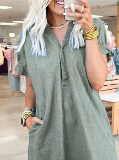 Full Size V-Neck Short Sleeve Denim Dress Plus Size