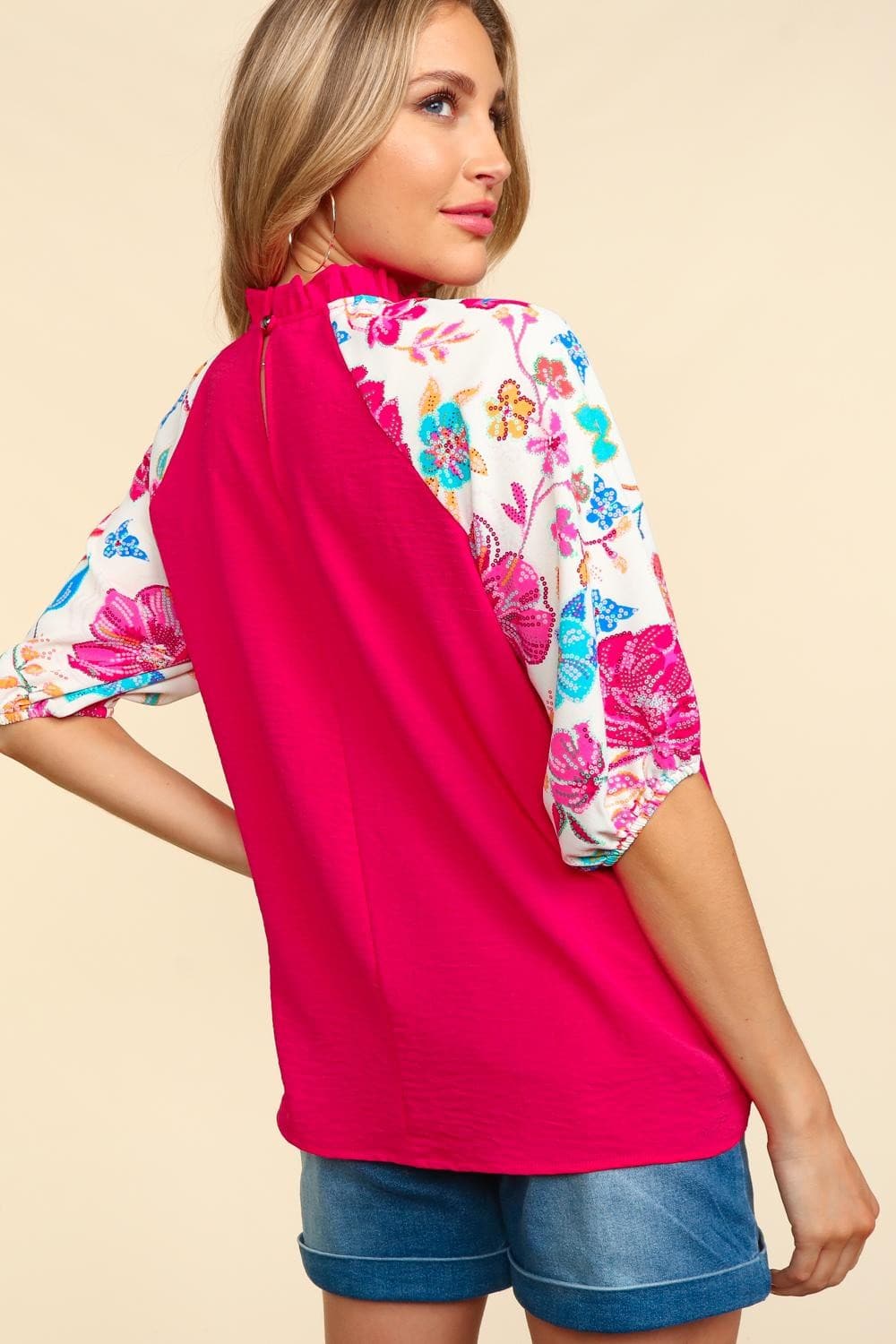 Haptics Frill Mock Neck Half Sleeve Blouse.