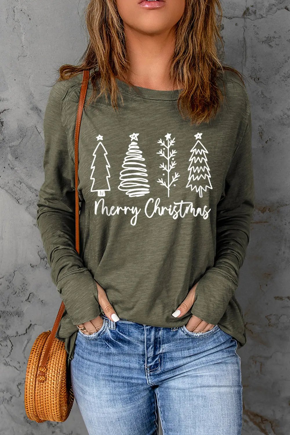 Thea Merry Christmas Trees Thumbhole Sleeve Graphic Long Sleeve Tee - Love Salve 