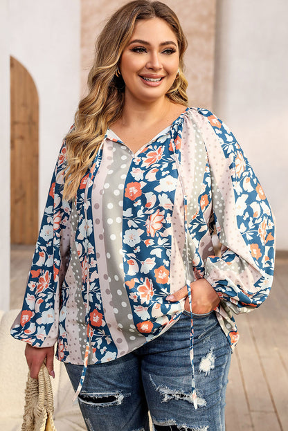 Colorful plus size mixed print blouse with split neckline