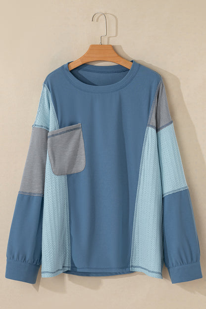 Dusk blue patchwork button-up long sleeve top with colorblock design