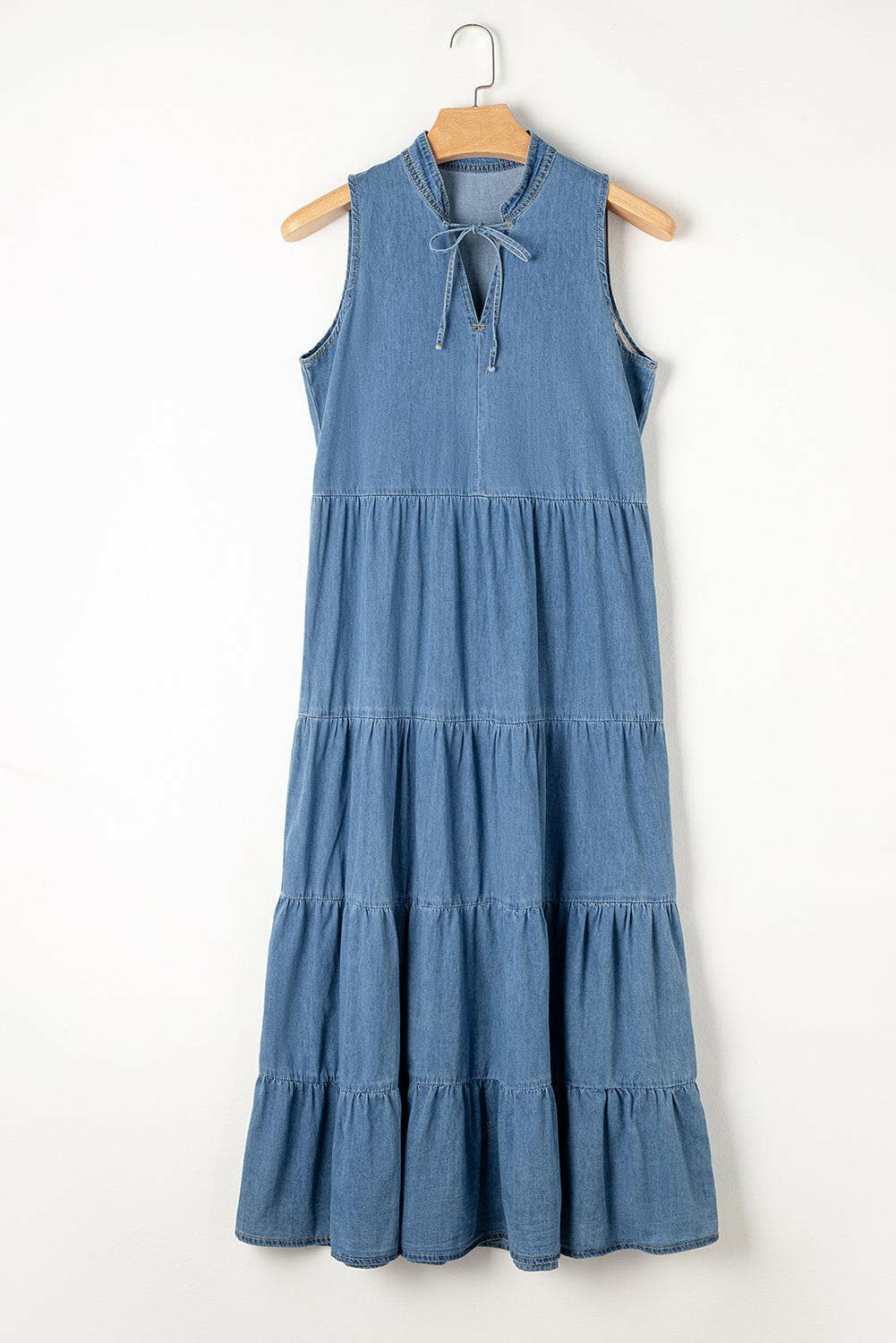 Tie Neck Sleeveless Denim Dress.