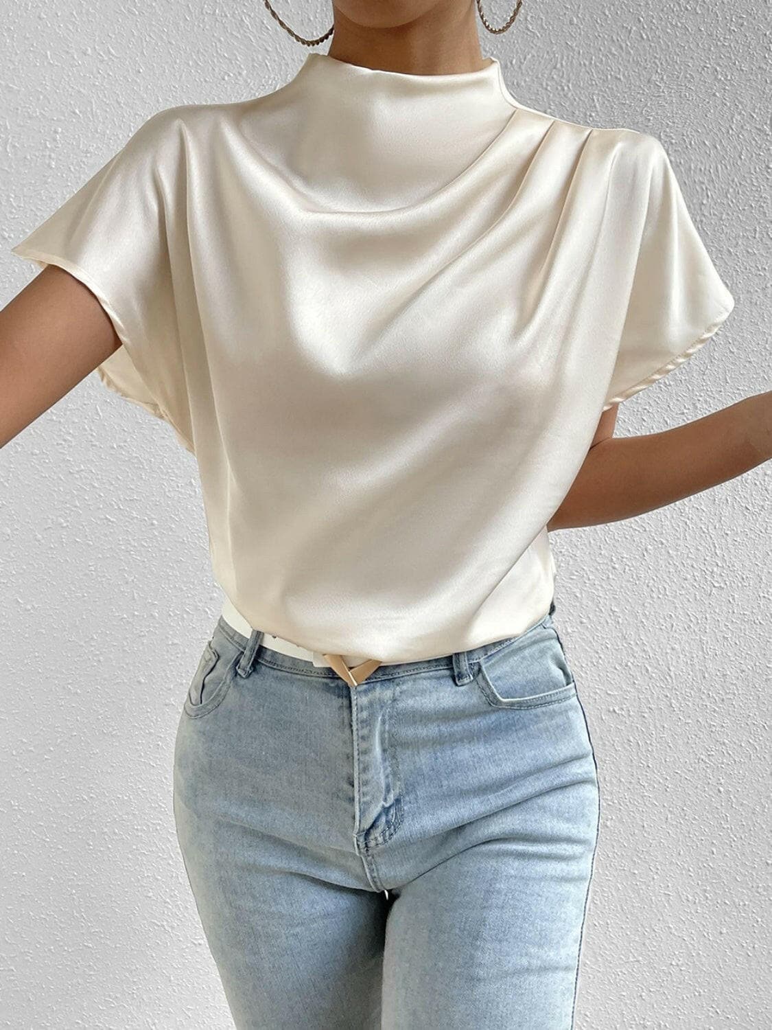 Ruched Mock Neck Short Sleeve Blouse.