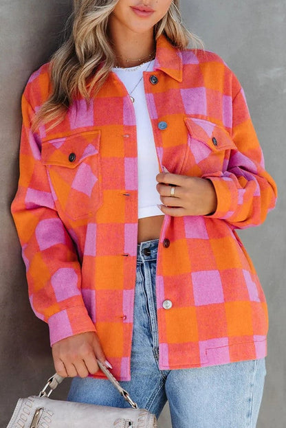 Orange plaid button-up jacket with chest pockets and turn-down collar