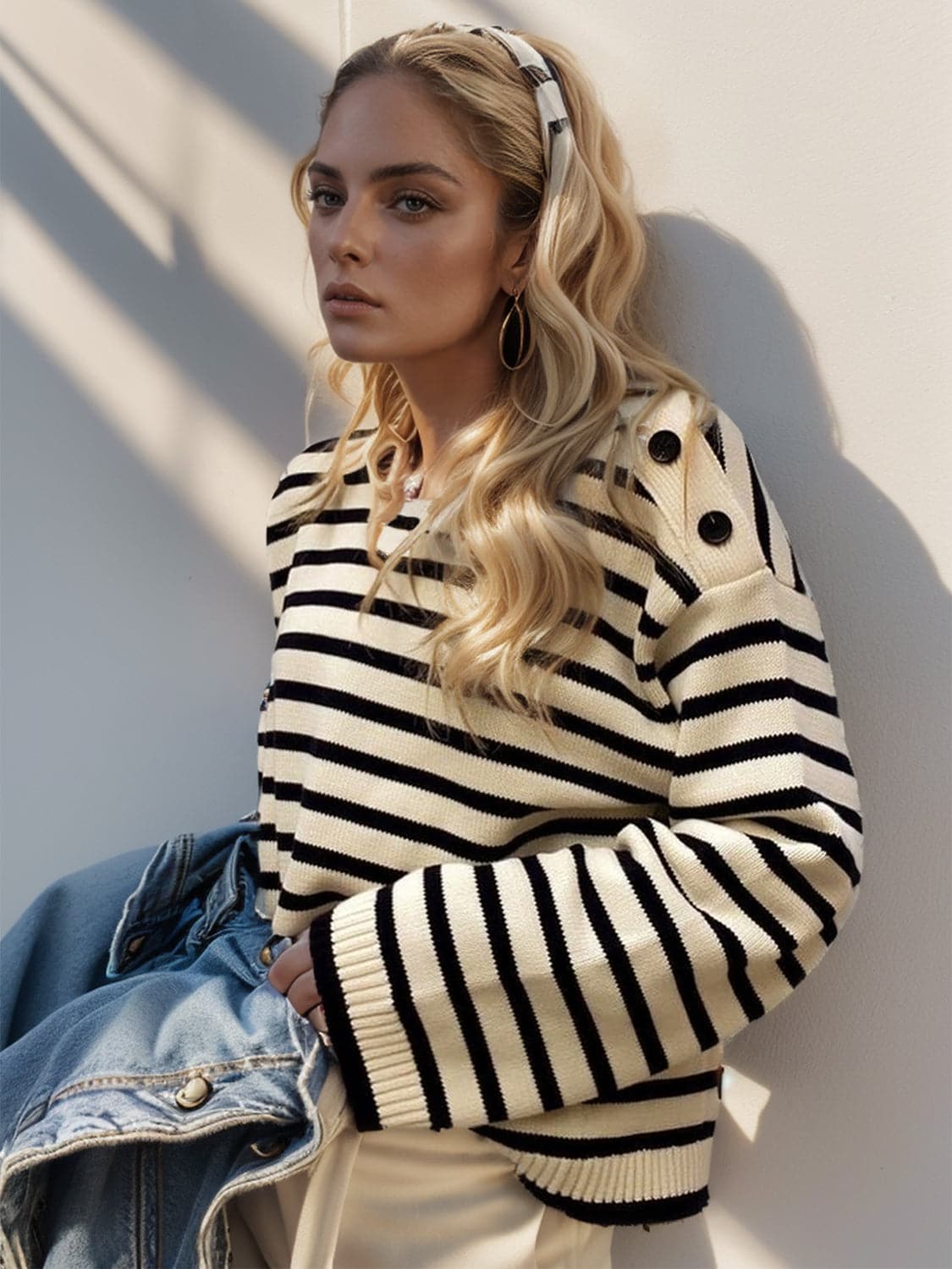 Striped Round Neck Long Sleeve Knit Top.