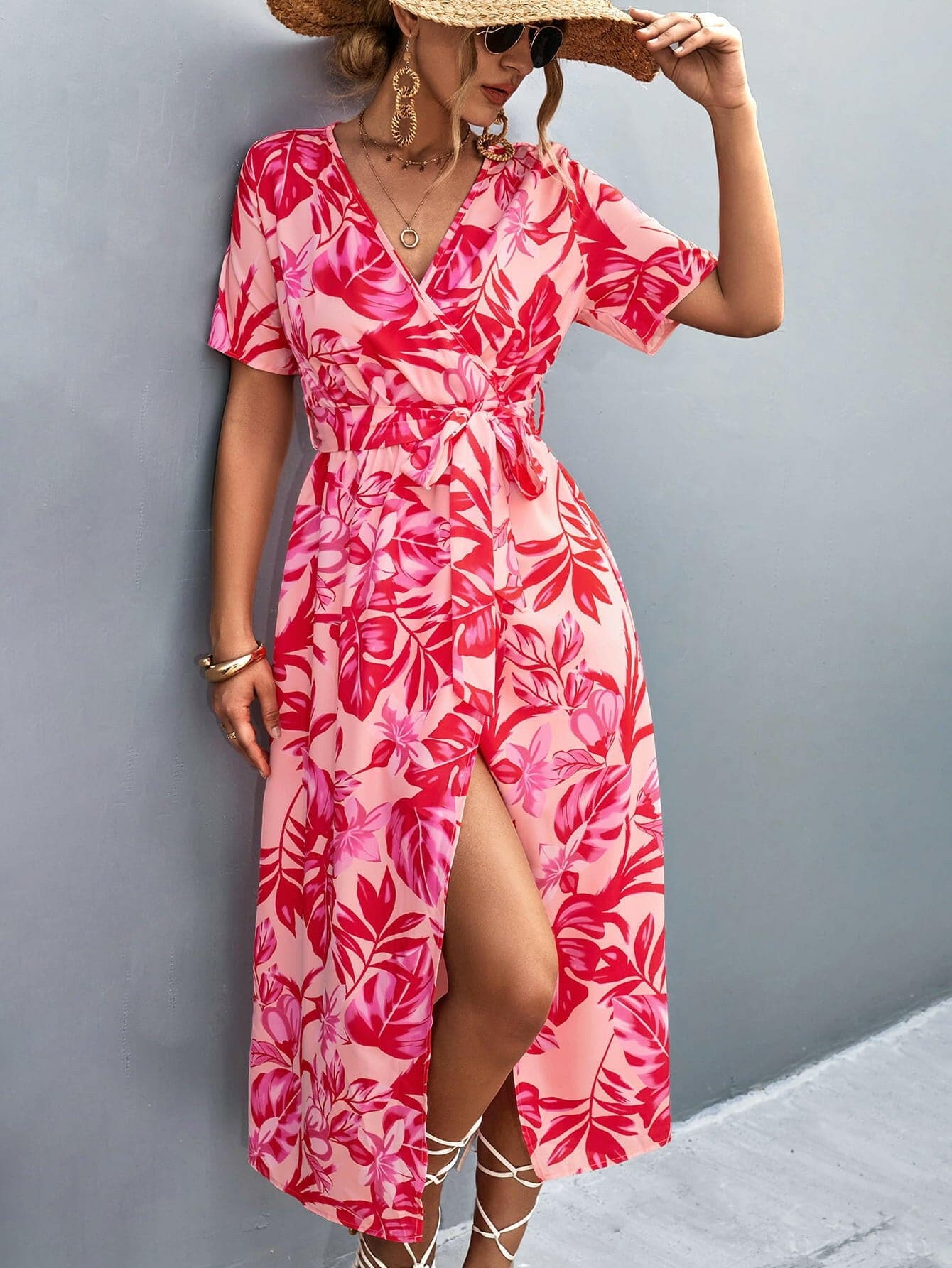 Floral Print High Slit Surplice Neck Tie Waist Midi Dress.