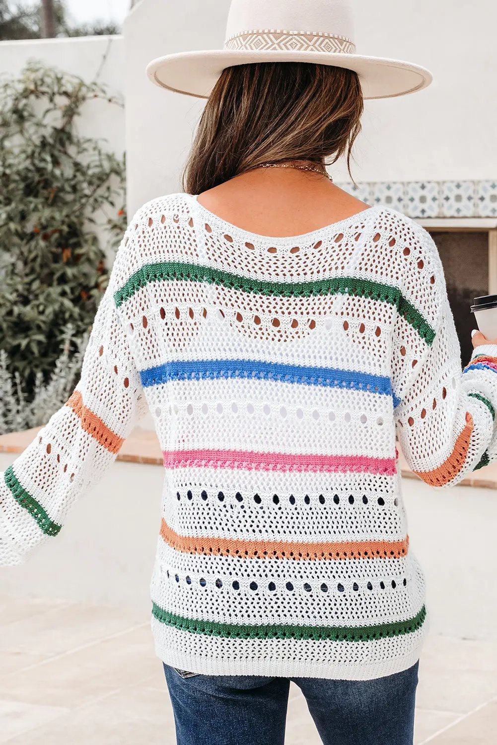 Premium White Color Block Striped Pointelle Knit Sweater Dear-Lover Dropshipping