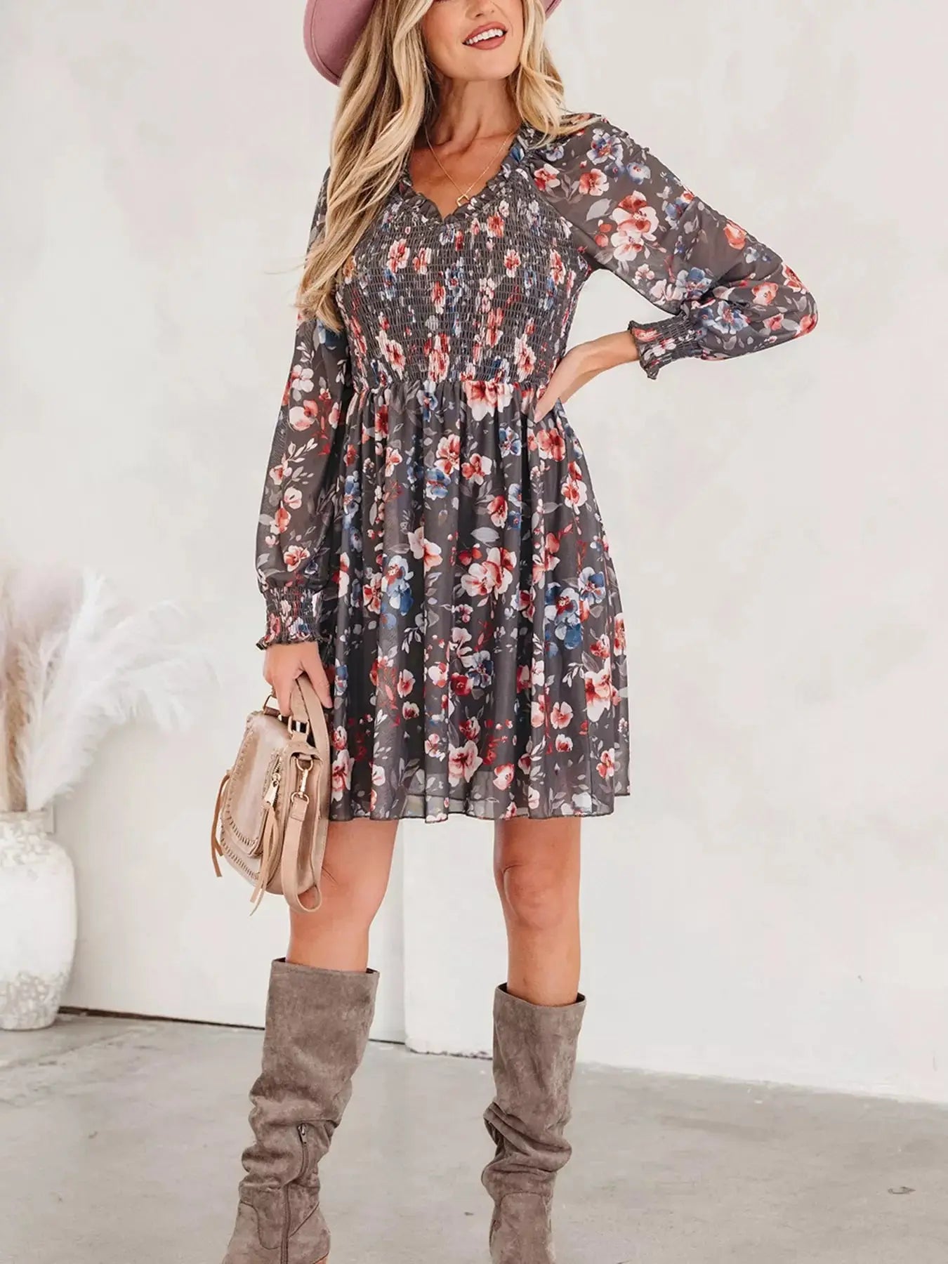 Frilly Smocked Bodice Floral Mesh Long Sleeve Mini Dress Simply Love