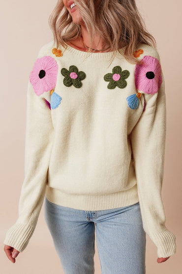 Crochet Flower Round Neck Dropped Shoulder Sweater.