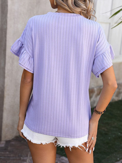 Ruffled Round Neck Short Sleeve Top.