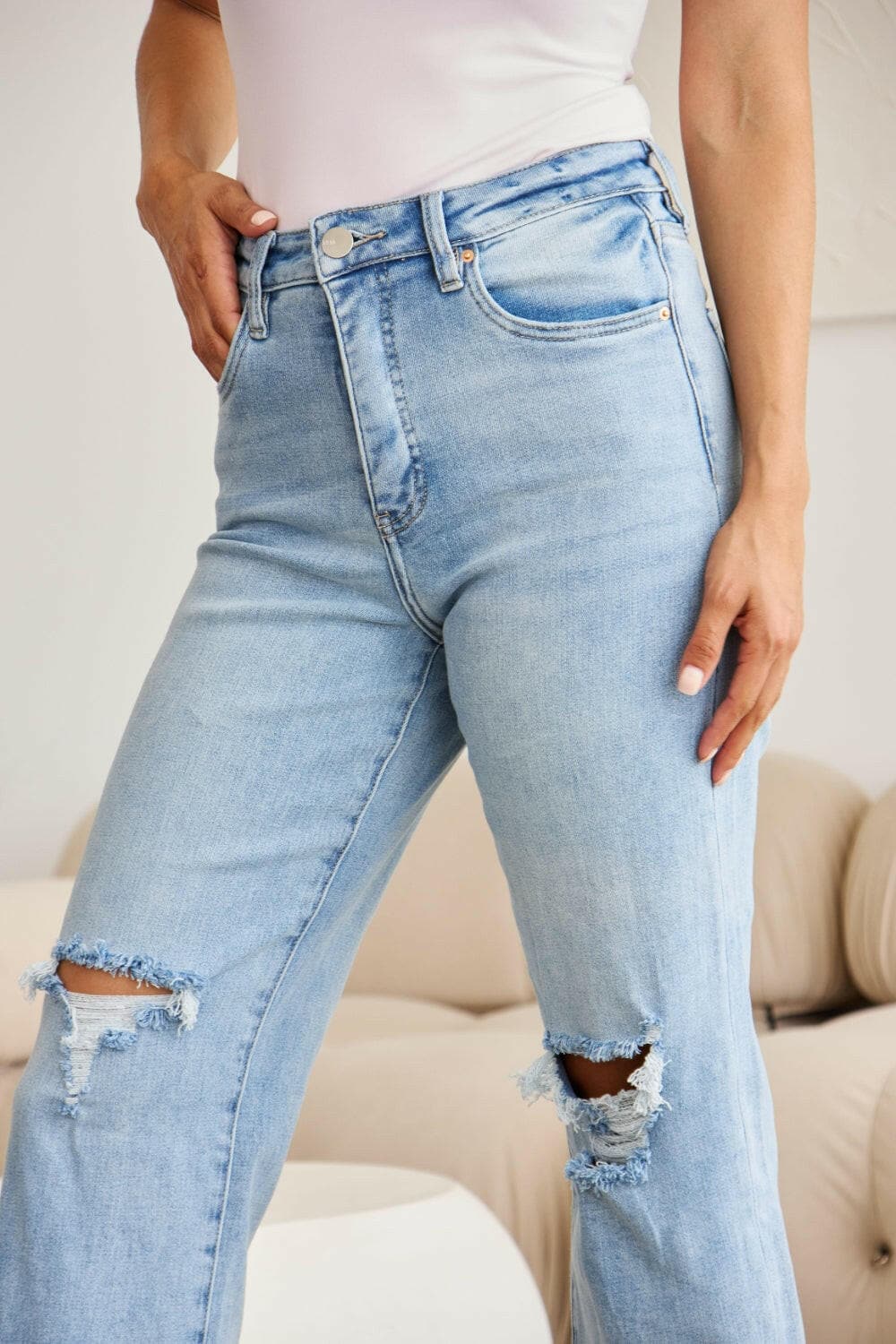 RFM Full Size Tummy Control High Waist Raw Hem Distressed Jeans.