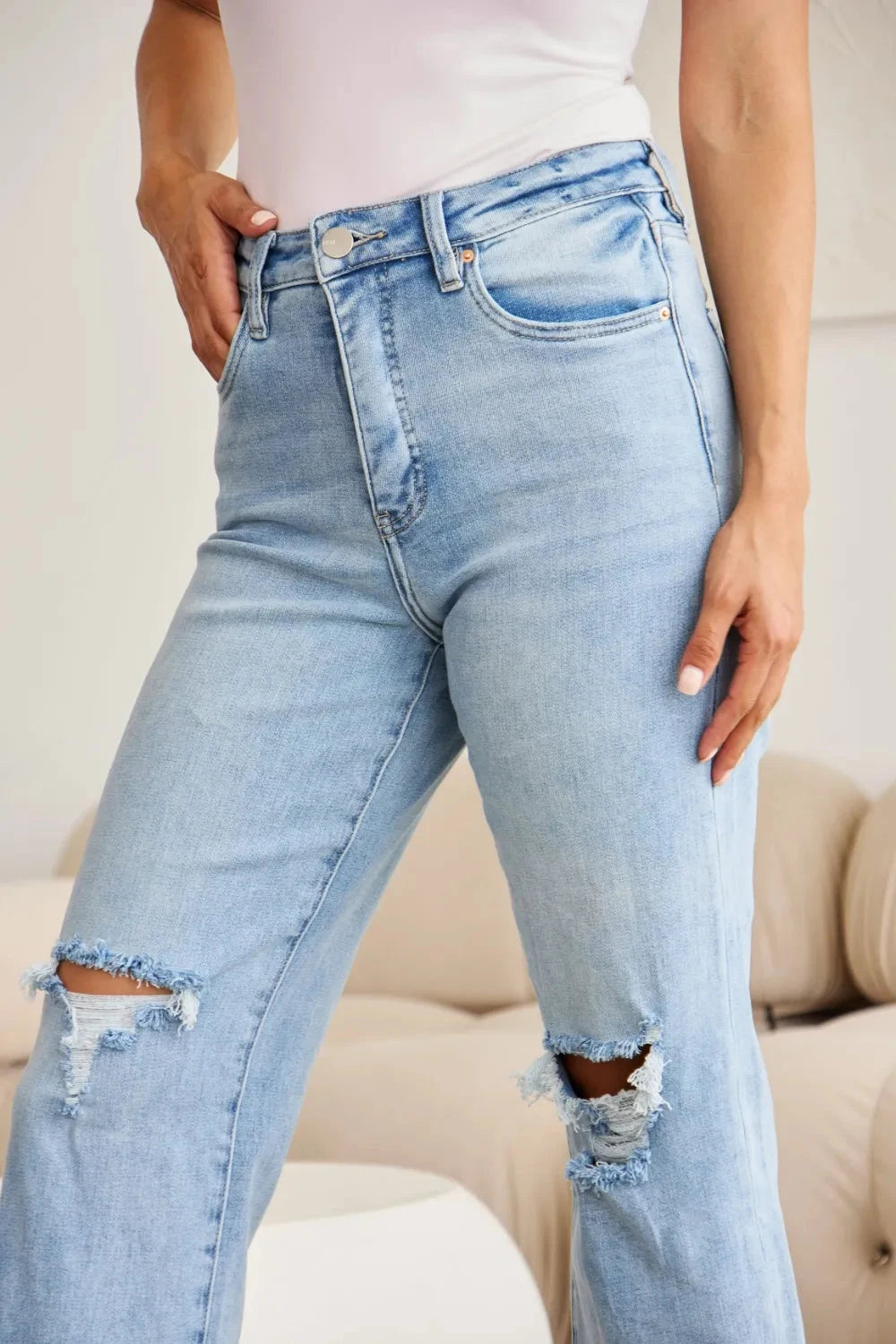 RFM Full Size Tummy Control High Waist Raw Hem Distressed Jeans Coco’s Tee Boutique