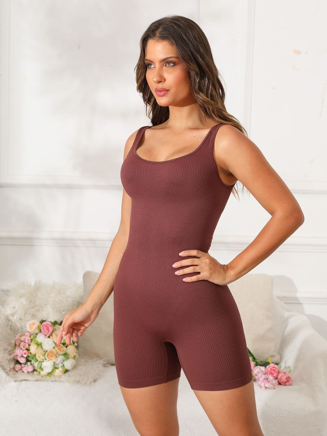 Scoop Neck Wide Strap Active Romper.