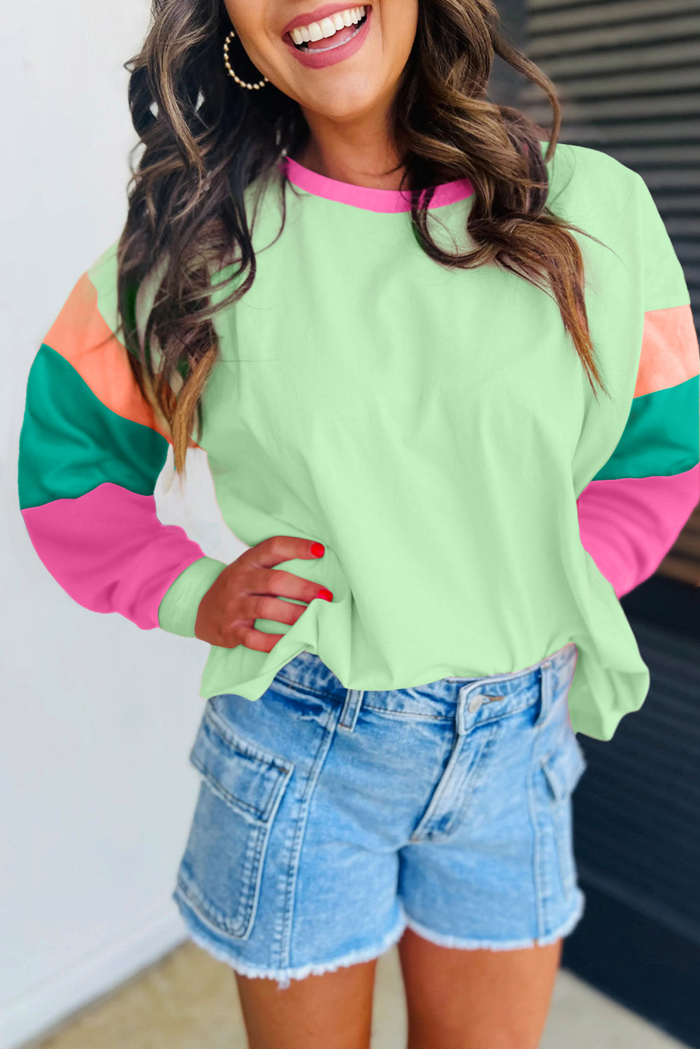 Green colorblock oversized long sleeve top