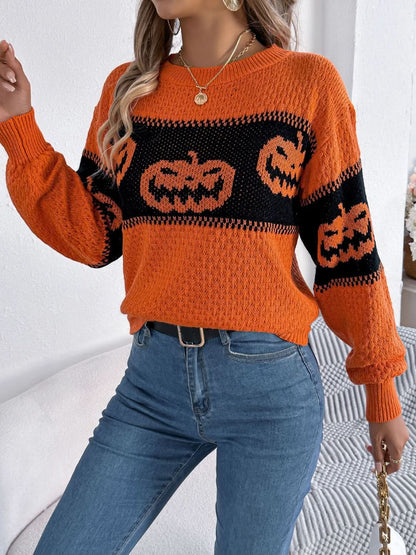 Cozy pumpkin round neck long sleeve pullover