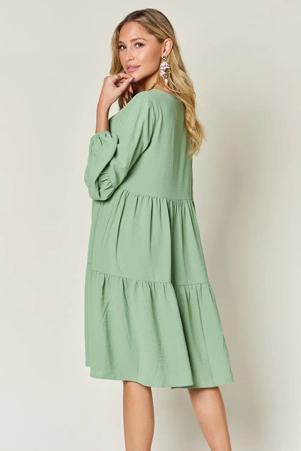 Double Take Full Size V-Neck Balloon Sleeve Tiered Dress - Love Salve