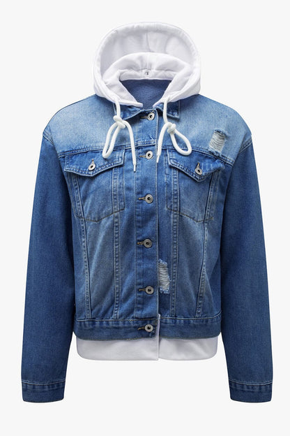 Distressed Hooded Denim Jacket.