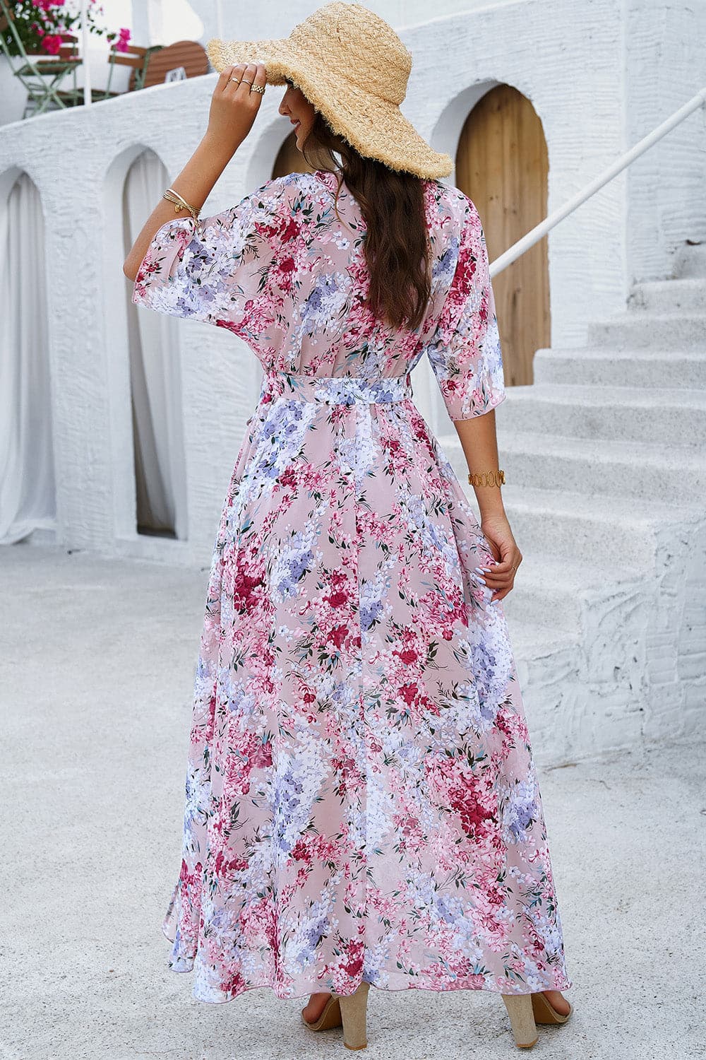 Printed Tied Half Sleeve Slit Dress.