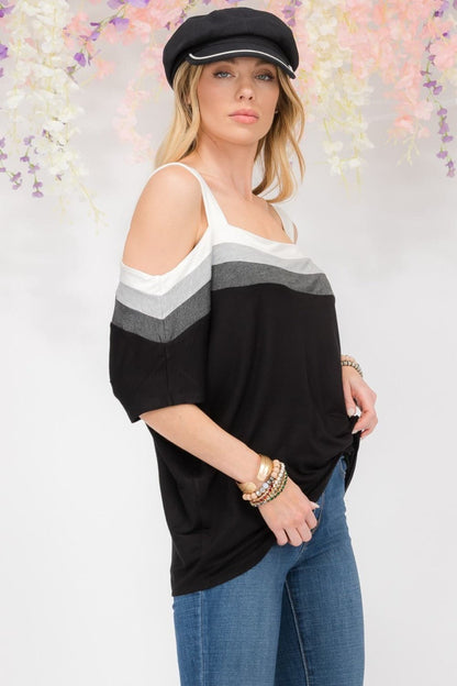 Celeste Full Size Striped Cold Shoulder Top.