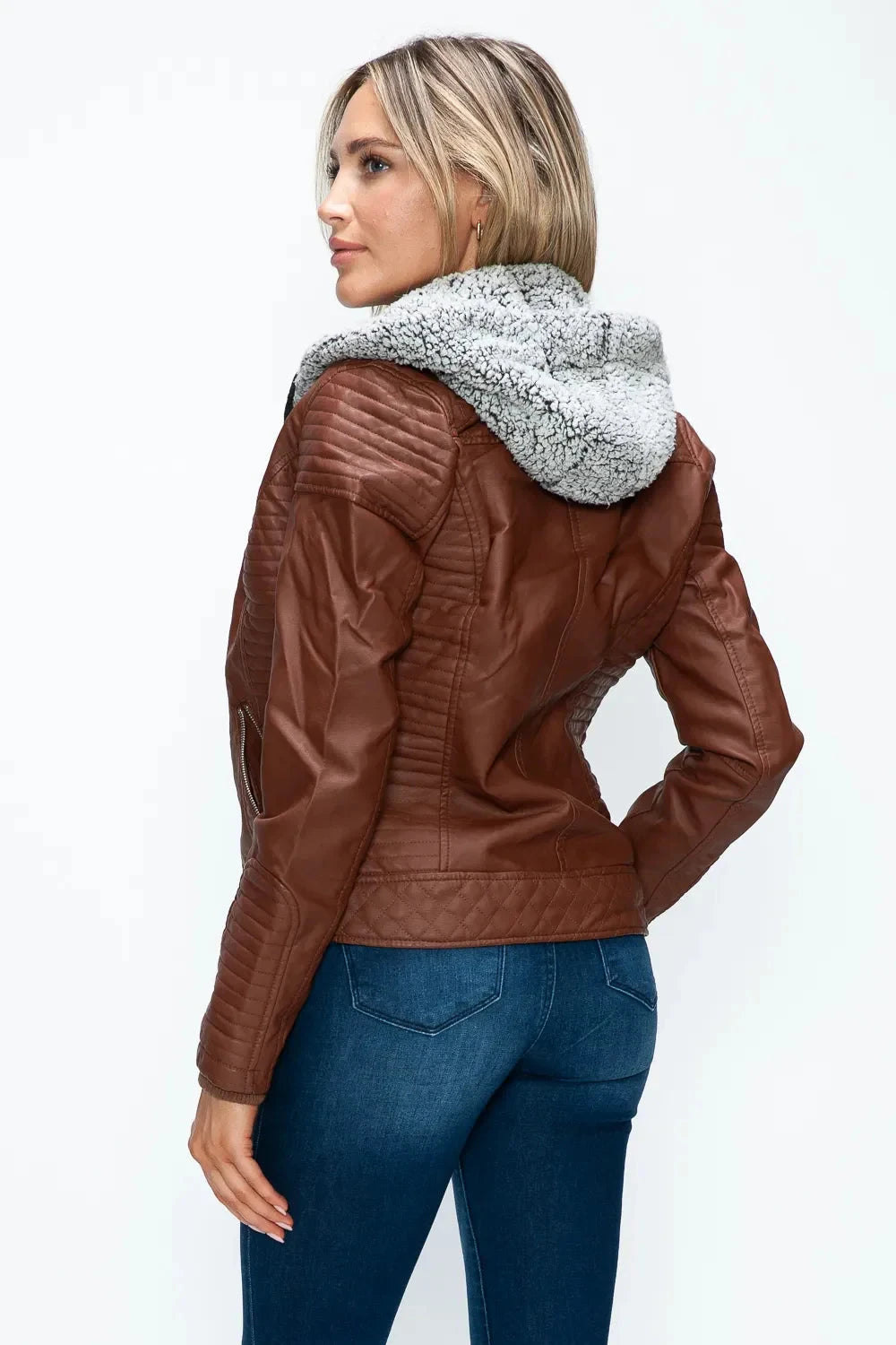 YMI Faux Layered Double-Zipper Jacket with Fuzzy Hood Coco’s Tee Boutique