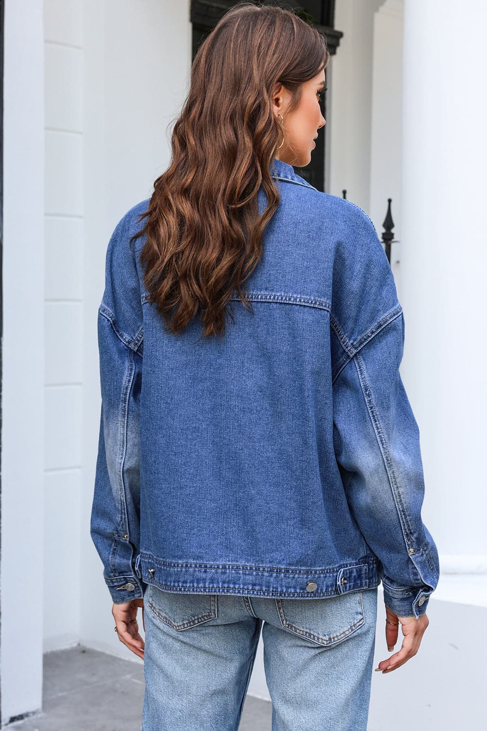 Button Up Dropped Shoulder Denim Jacket with Pockets.