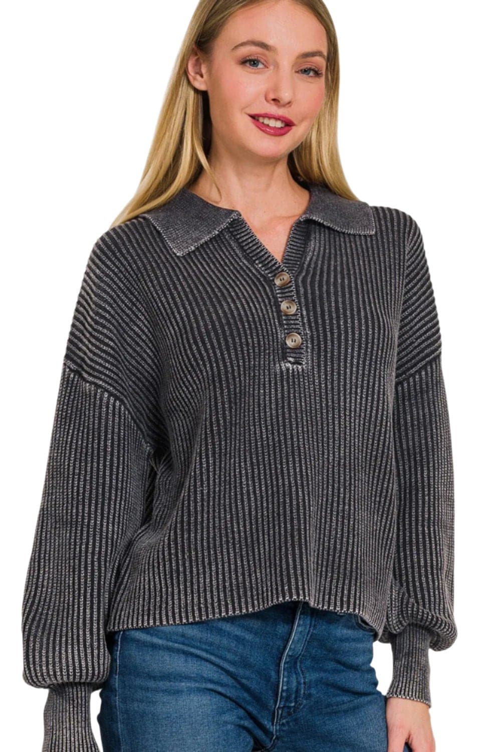 Zenana Washed Half Button Long Sleeve Sweater.