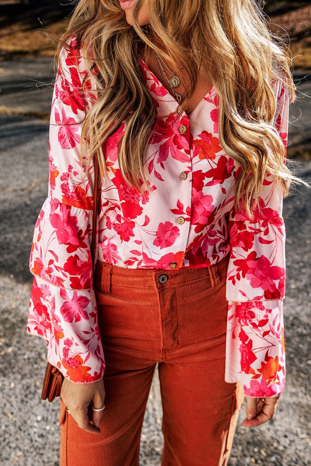 Floral Flare Sleeve Button Up V-Neck Bodysuit.