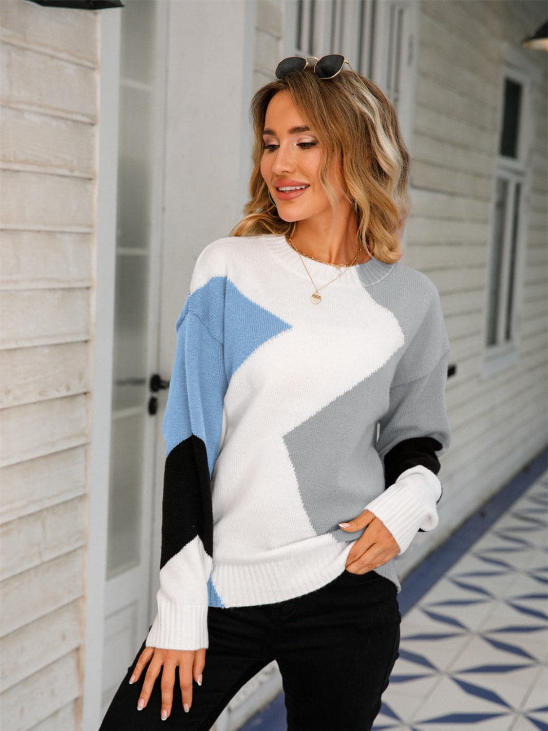 Color Block Round Neck Dropped Shoulder Sweater.