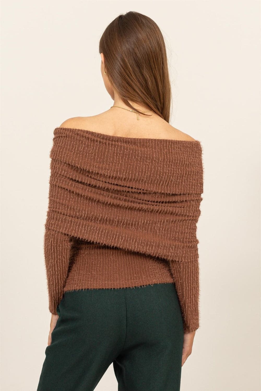 HYFVE Fuzzy Off Shoulder Textured Knit Top.